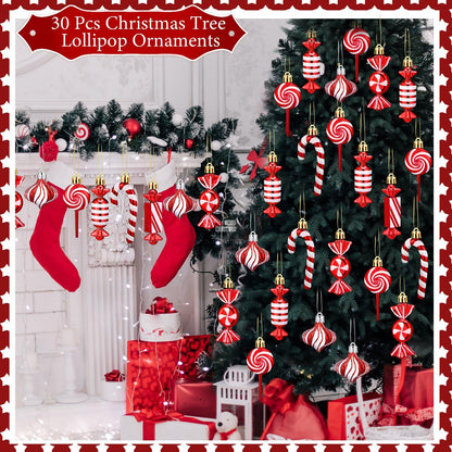 Realspring 30 Pcs Christmas Candy Ornaments Peppermint Candy Cane Christmas Decorations Plastic Lollipop Hanging Ornaments with Rope for Xmas Tree Party Holiday Supplies(Red White)