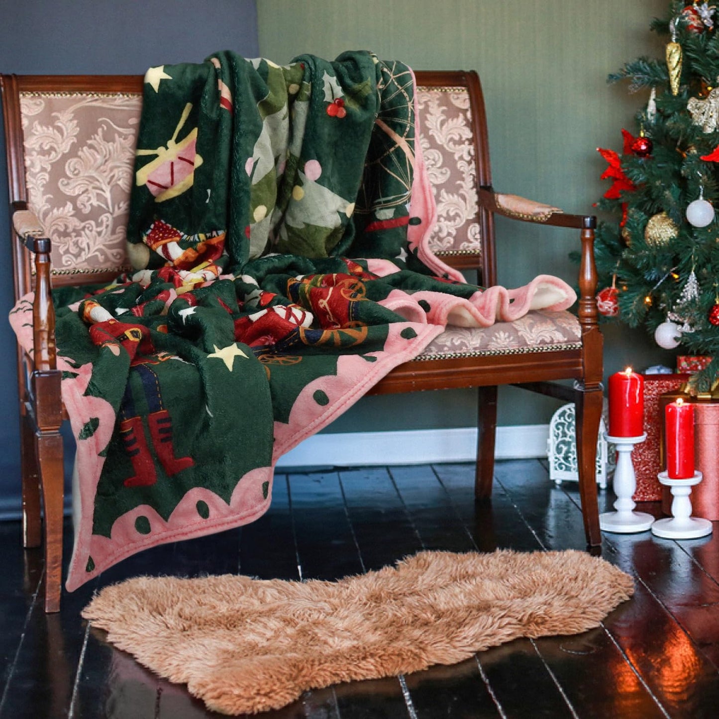 Christmas Throw Blanket for Couch 60x50,Green Winter Holiday Festival Cute Xmas Nutcracker Christmas Tree Blankets for Woman,Soft Flannel Fleece Blankets for Home Living Room Bed Chair Decor