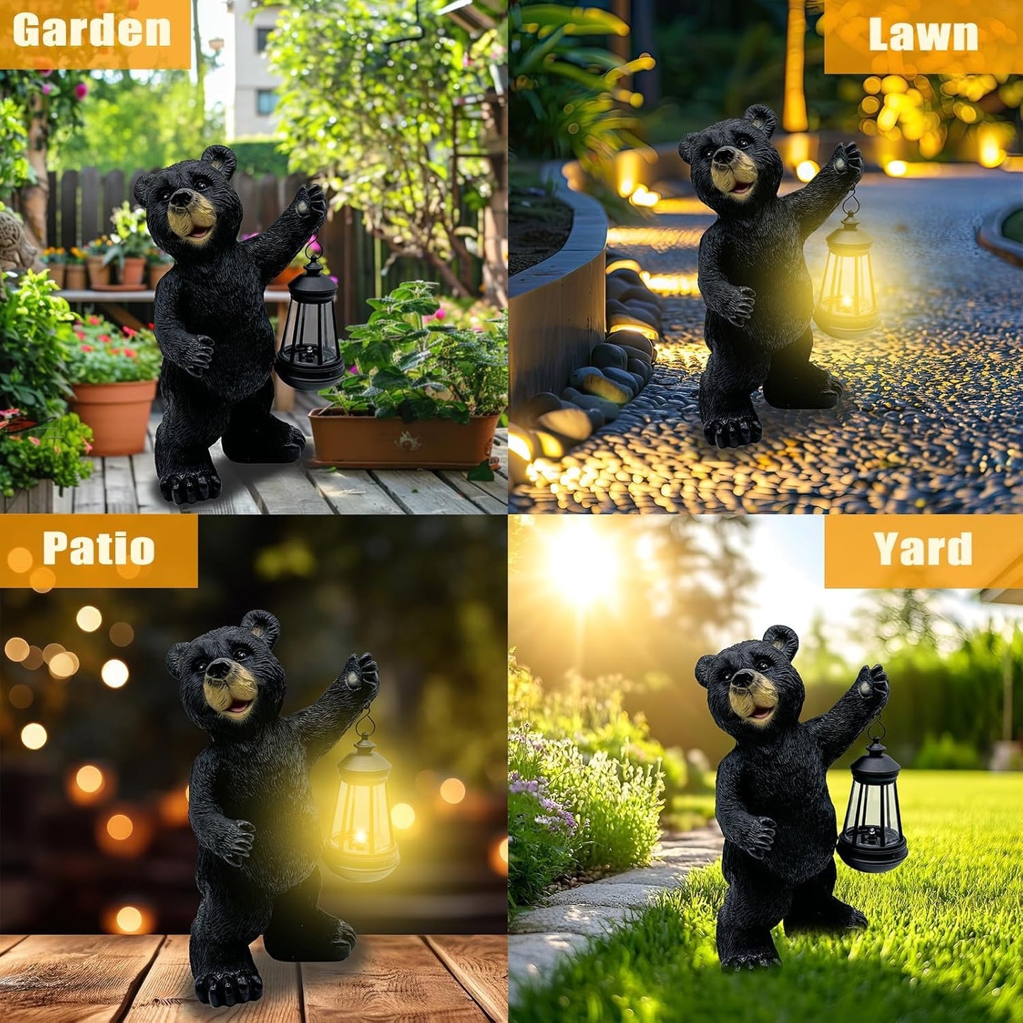 xin ming Solar Black Bear Garden Statue -14" ResinFigurine with Solar LED Lantern, Auto On/OffWaterproof Decor, Dual Use Indoor OutdoorLight for Patio Yard Porch