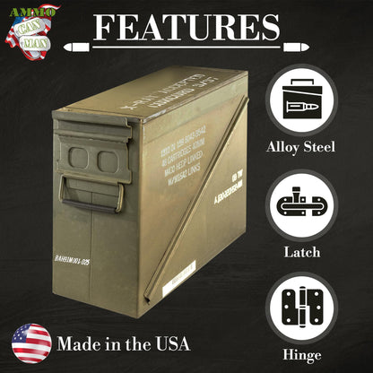 Metal Ammo Storage Box Holder Box (Olive Drab Green) - M548 20mm Ammo Can w/Front Metal Latch, Swing-Out Handle – Ideal Ammo Can Surplus - Waterproof Tool Boxes for Ammo & Emergency Supplies