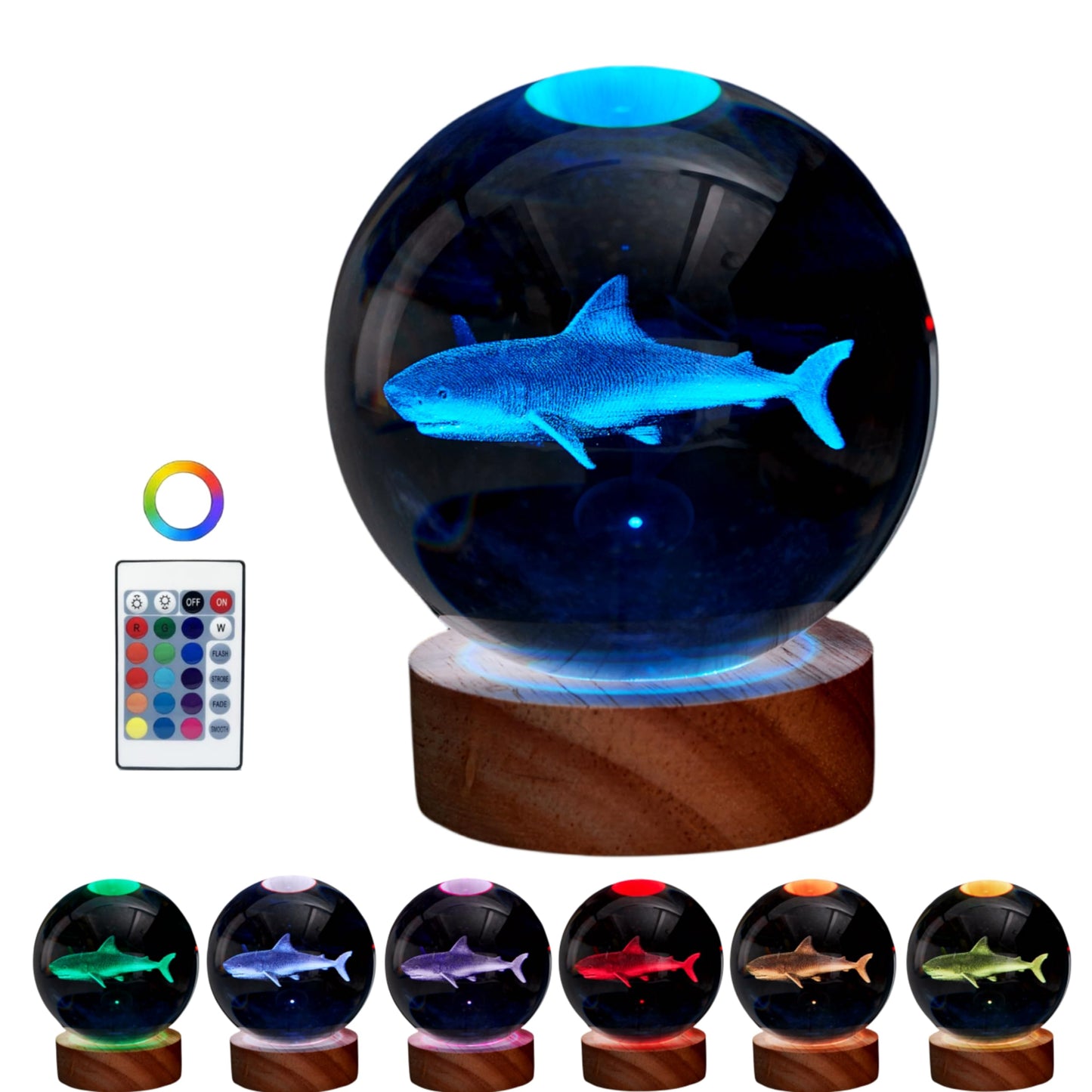 3D Crystal Ball Shark Lamp,Lifelike 3D LED Shark Night Light,16 Color Changing Light,Dimmable Remote Control