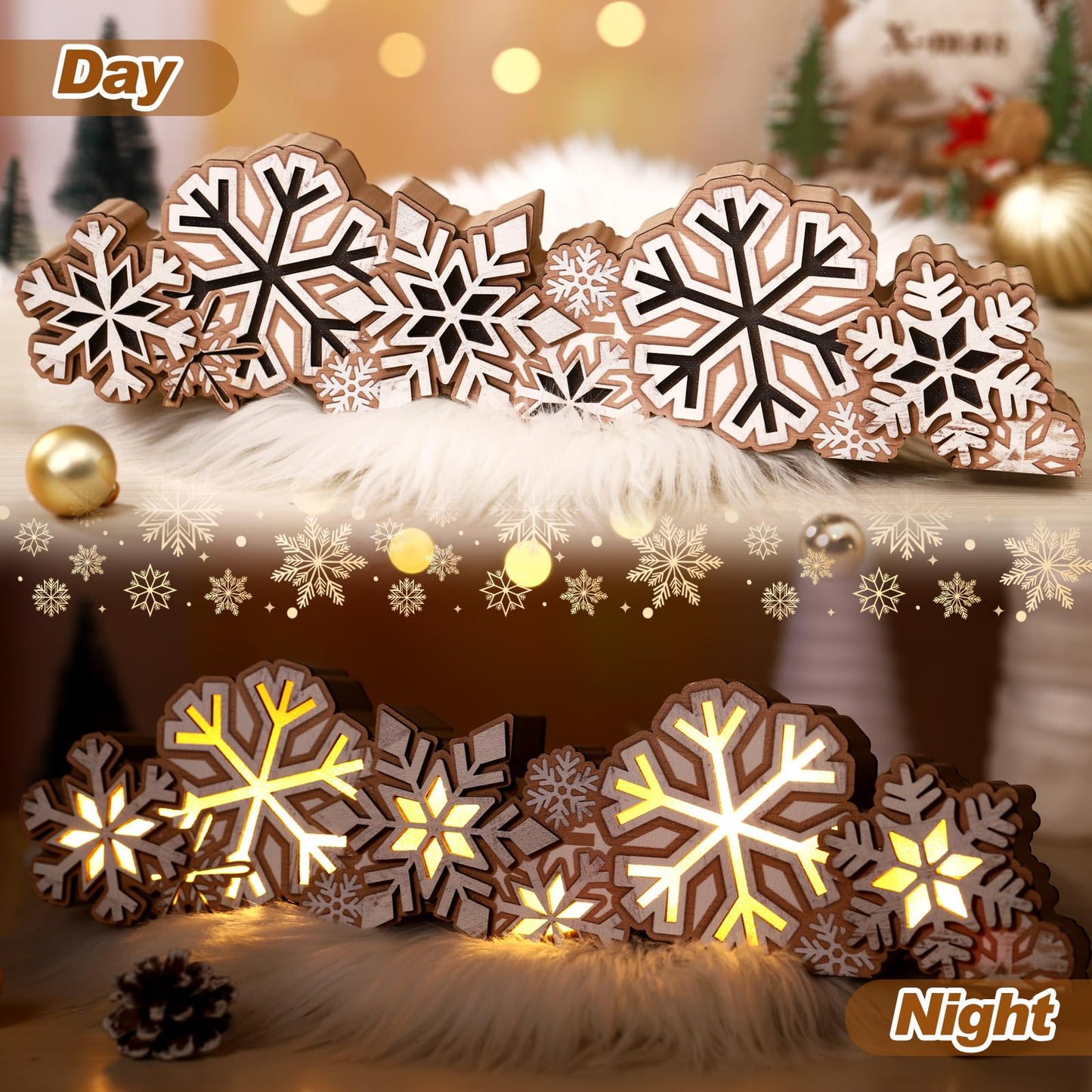 Glooglitter Winter Snowflake Wooden Tabletop Decoration Winter Sign LED Snowflake Centerpiece Wood Plaque Free Standing Wood Sign for Xmas Table Party 13.8 x 3.5 Inch