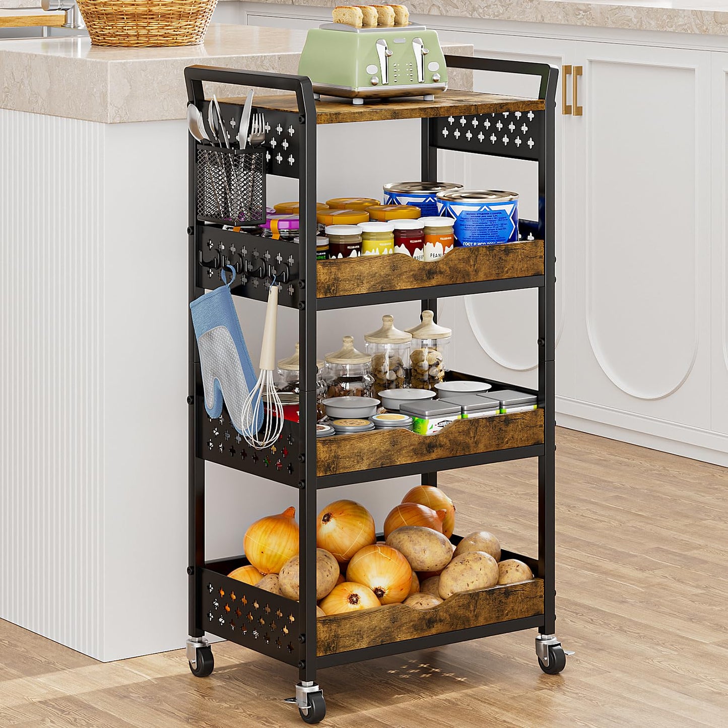 MJIMKE 4-Tier Utility Rolling Cart with Wheels - Kitchen Organizations and Storage Metal Cart, Detachable Fruits Coffee Snacks Art Craft Storage Cart for Bathroom, Pantry & Laundry, Black