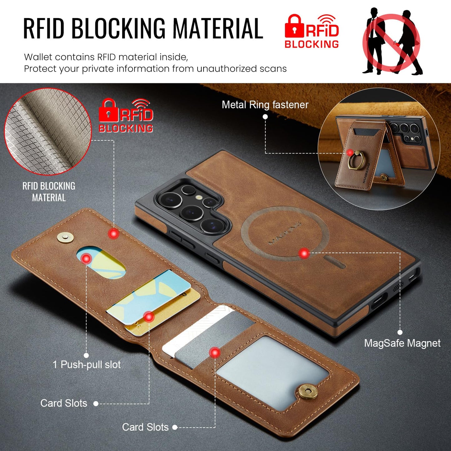 Konstreet for Samsung Galaxy S26 Ultra 2 in 1 Detachable Card Bag Wallet Case Durable Leather Wallets Magnetic Card Holder 4 Card Slots Ring Stand RFID Blocking Brown