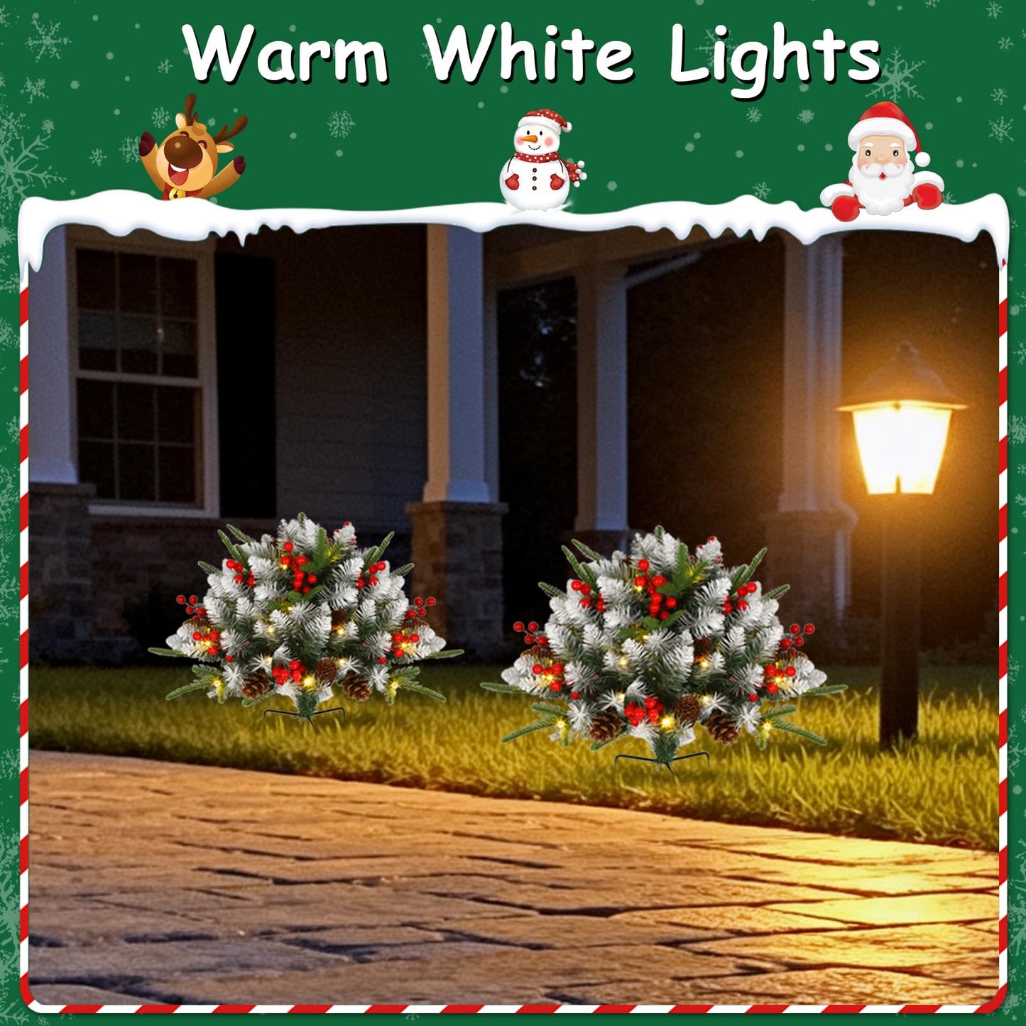 JOYHALO 2 Pack Set 22Inch Christmas Urn Filler with 40 Warm White Lights, Christmas Pot Fillers with White PVC&PE Branches, Outdoor Christmas Trees for Porch Pathway Entryway Yard Decorations