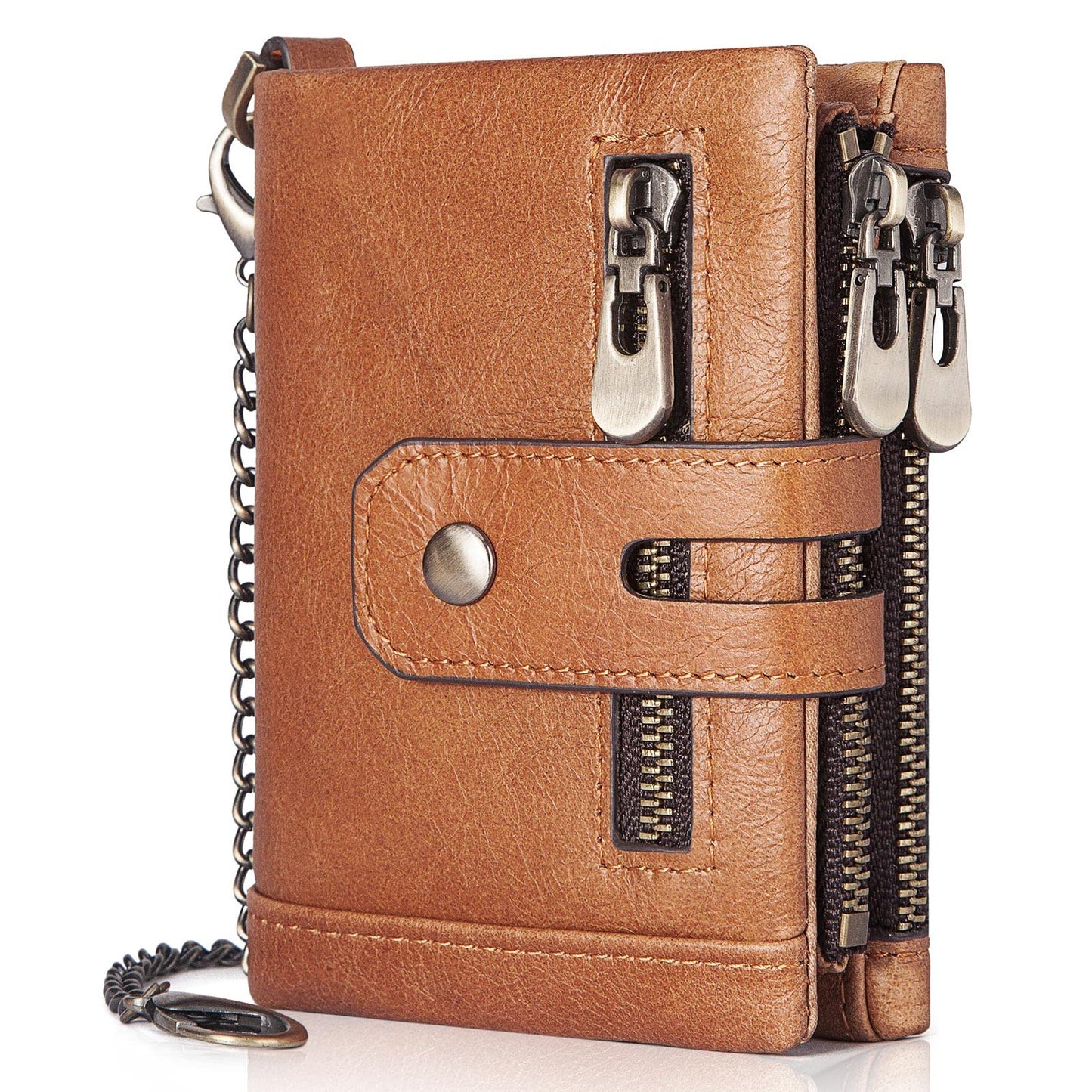 gzcz Mens Wallet with Chain RFID Blocking Genuine Leather Bifold Purse for Men ID Window and Zip Coin Pocket (Brown)