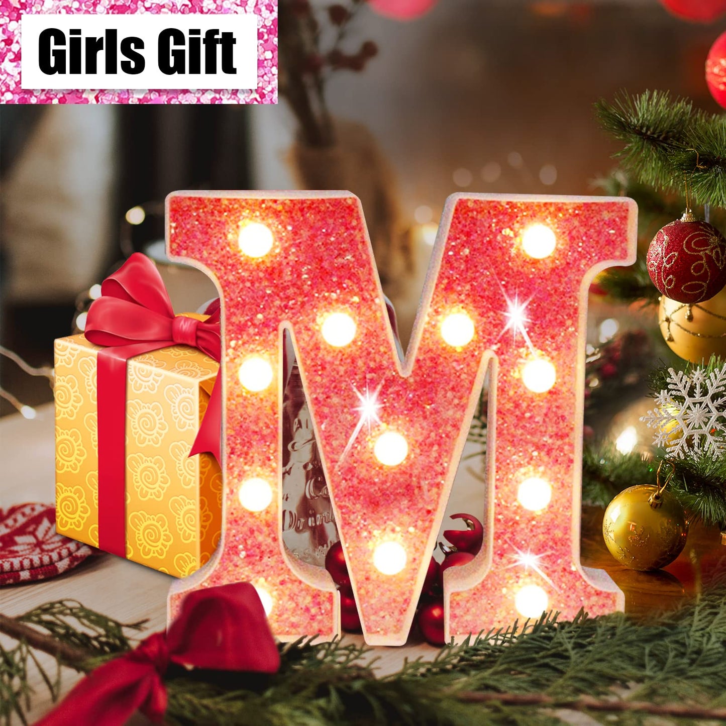 Pink Light Up Letters, Glitter Alphabet Letter Sign LED Marquee Letter Lights Battery Powered for Night Light Girls Bedroom Birthday Party Wedding Home Christmas Decorations Gift for Her-Pink I
