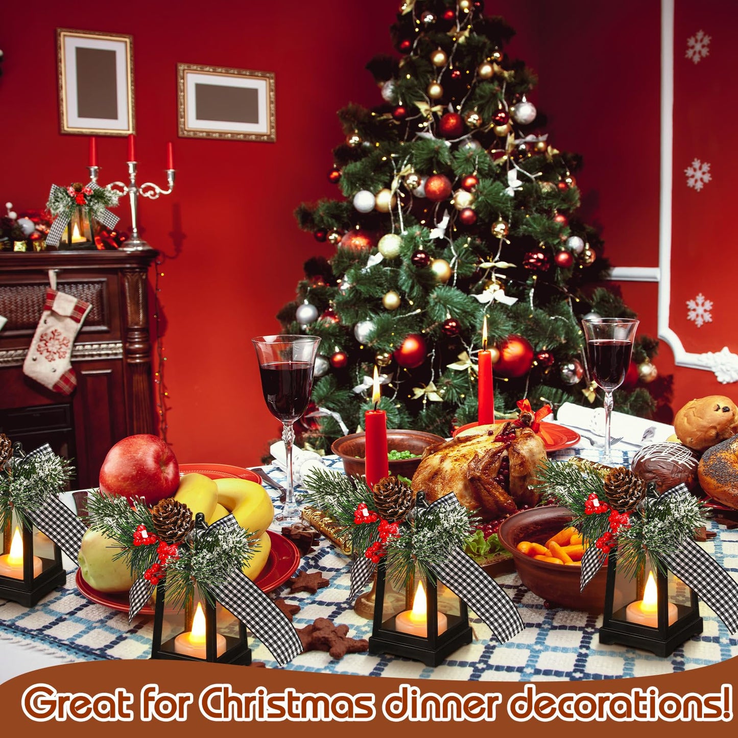 Set of 6 Christmas Mini Decorative Lanterns with Flickering LED Flameless Candle Hanging Lantern Decoration Bulk with Buffalo Plaid Bow Battery Included for Xmas Party (Black and White Bow)