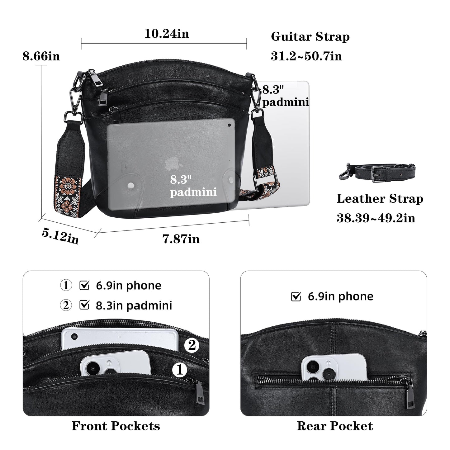 HESHE Crossbody Bags Leather Purses for Women Vintage Shoulder Handbags with Multi Pockets Cross Body Purses for Travel (Black)