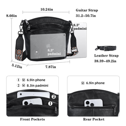 HESHE Crossbody Bags Leather Purses for Women Vintage Shoulder Handbags with Multi Pockets Cross Body Purses for Travel (Black)