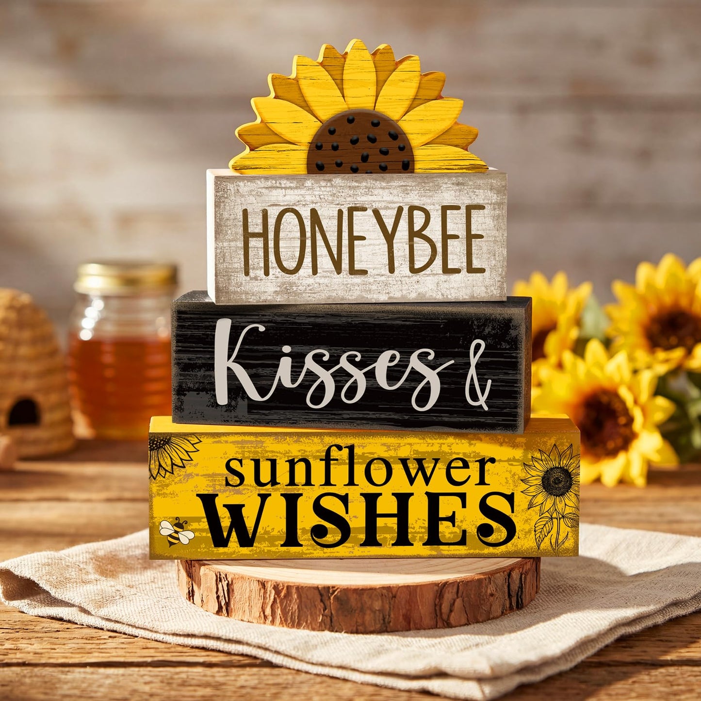 Lineshading 4 Pcs Summer Table Decor Wooden Sunflower Tiered Tray Decor Rustic Farmhouse Yellow Block Signs Gifts Summer Tabletop Centerpieces for Home Kitchen Coffee Bar Decorations