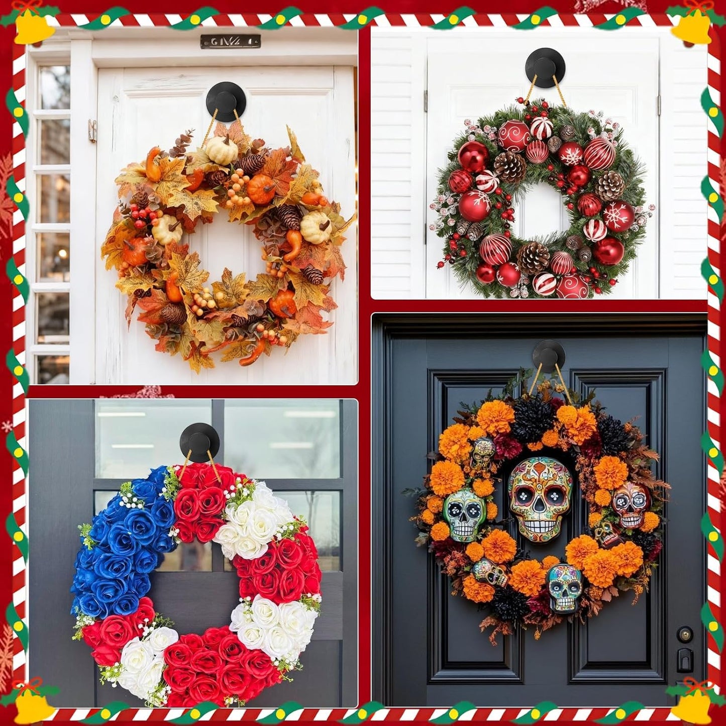 Black Wreath Door Hanger, Heavy Duty Wreath Suction Cup Hooks for Fall Halloween Christmas Decorations, 2 Pack Strong Reusable Wreath Hangers Welcome Sign Front Door Window Glass Indoor Outdoor
