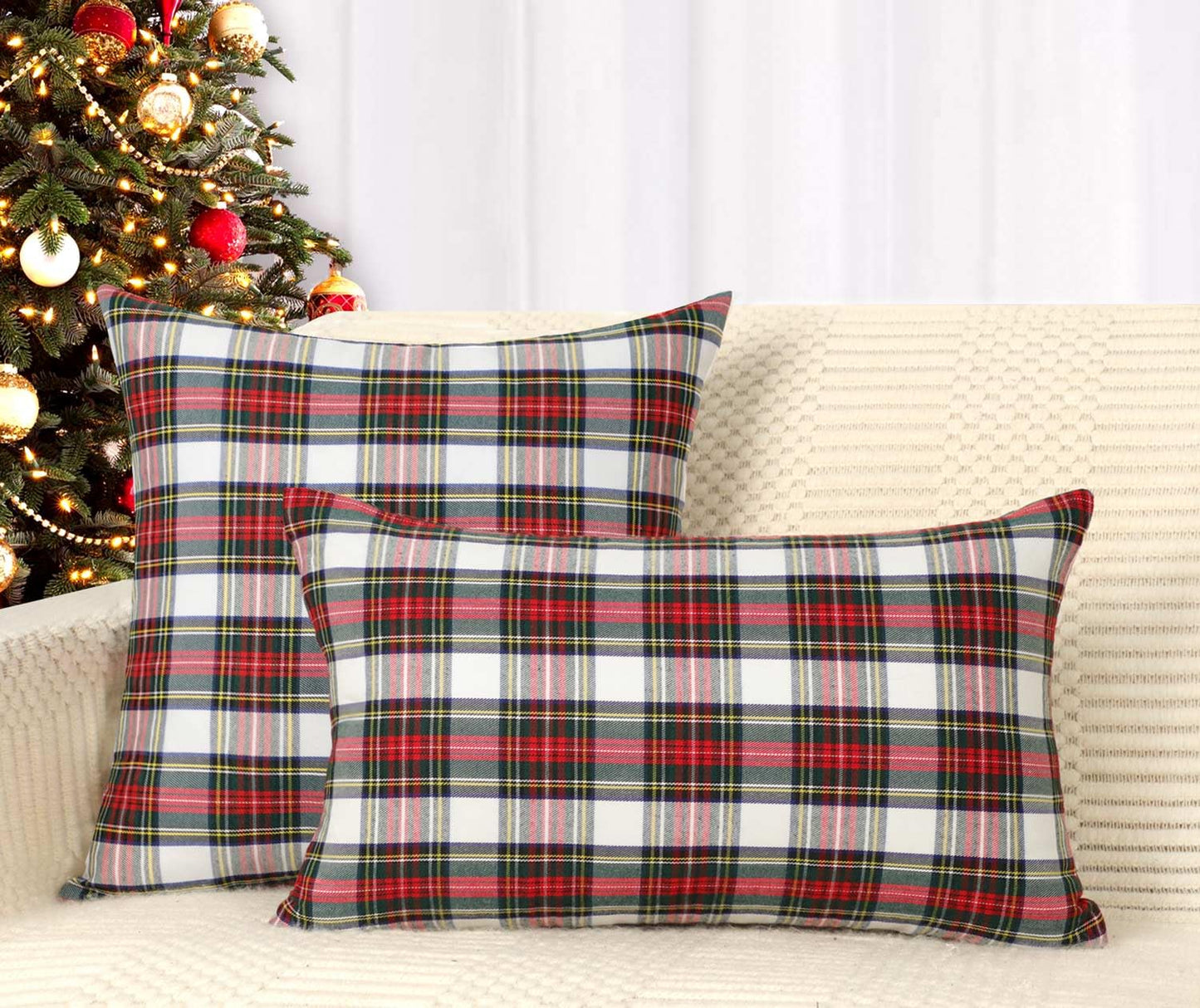 4TH Emotion Set of 2 Christmas Scottish Tartan Plaid Throw Pillow Covers Cushion Case Polyester for Farmhouse Home Decor Red and White, 18 x 18 Inches
