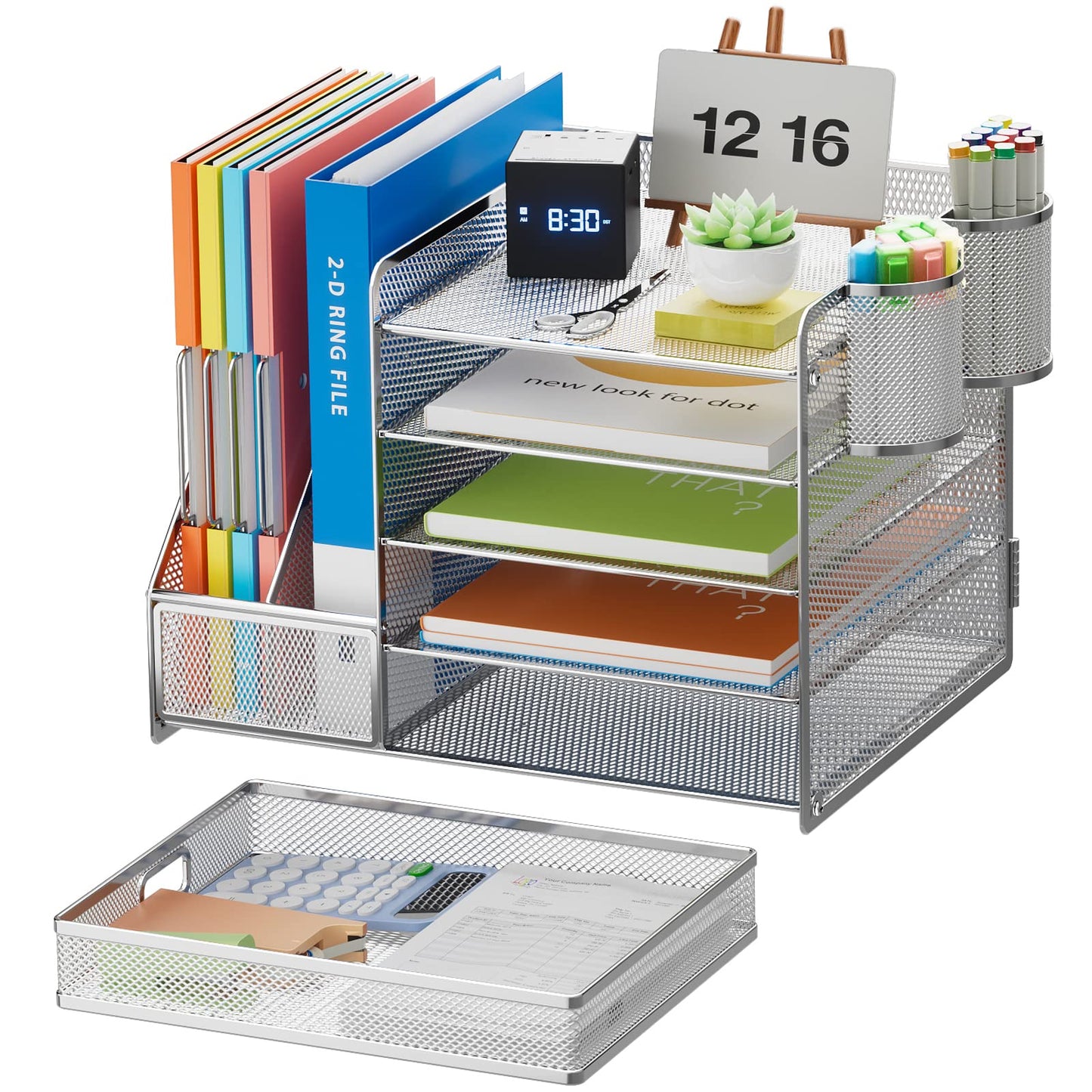 Marbrasse Desk Organizer with File Holder, 5-Tier Paper Letter Tray Organizer with Drawer and 2 Pen Holder, Mesh Desktop Organizer and Storage with Magazine Holder for Office Supplies (Silver)