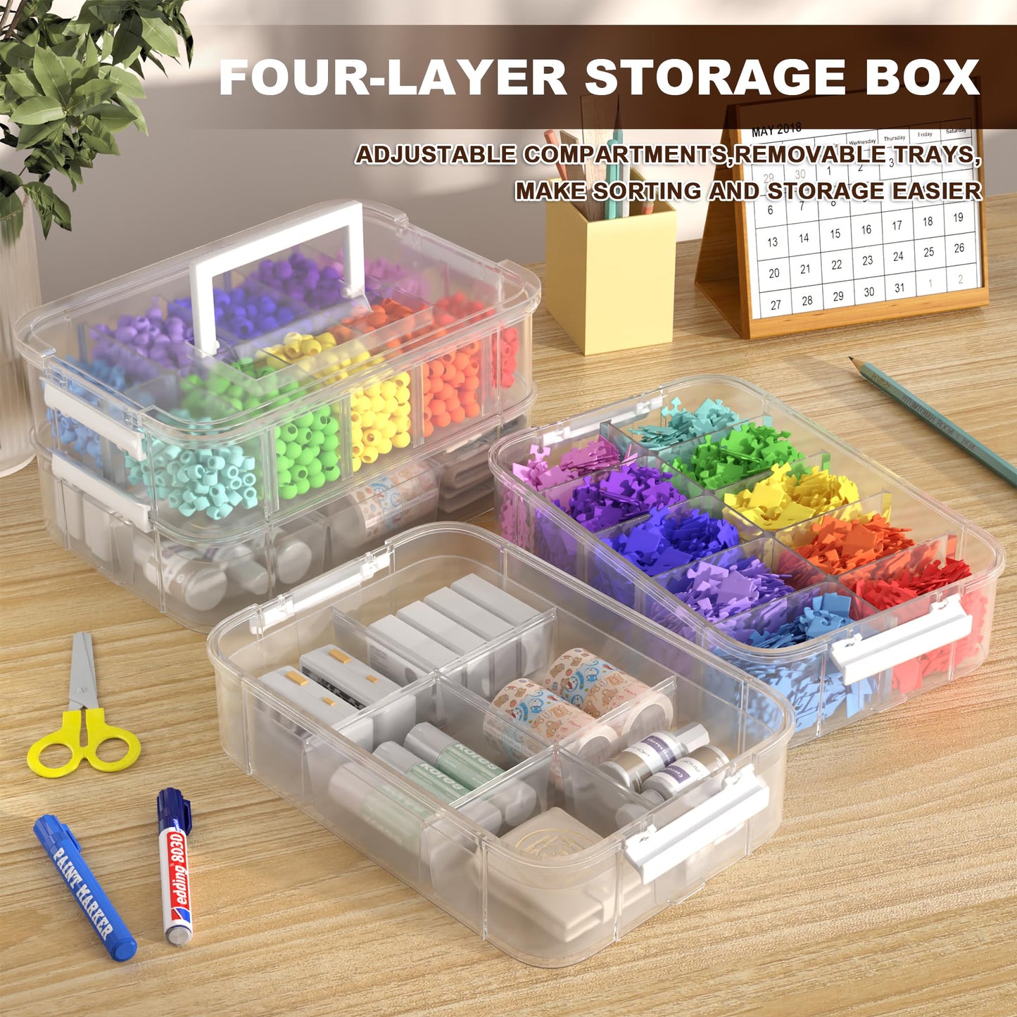 4-Tier Plastic Craft Storage and Organizers with 2 Removable Trays and 20 Adjustable Compartments, Art Supply Storage Organizer for Sewing,Puzzles,Washi Tape,Nail Polish