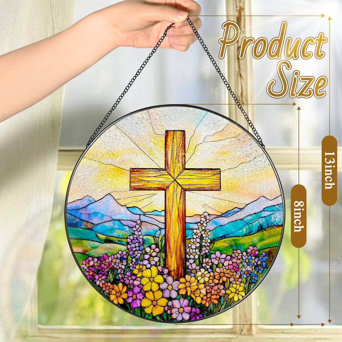 8 Inch Cross Wildflower Stained Glass Suncatcher, Christian Stained Glass Window Hanging, Religious Cross Sun Catcher, Easter Suncatcher Decor, Religious Gifts, Christian Gifts, Easter Gift