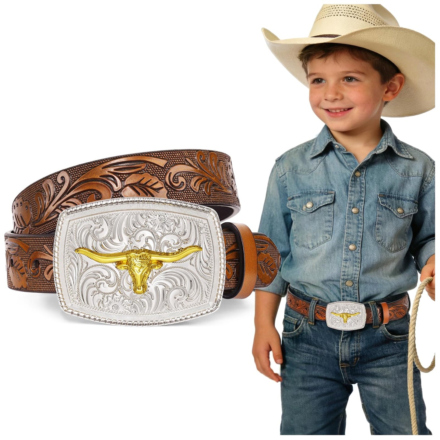 JKEEMI Kids Western Belt, Boys Girls Cowboy Belt for Kids with Detachable Square Buckle and Genuine Leather for Jeans Gifts