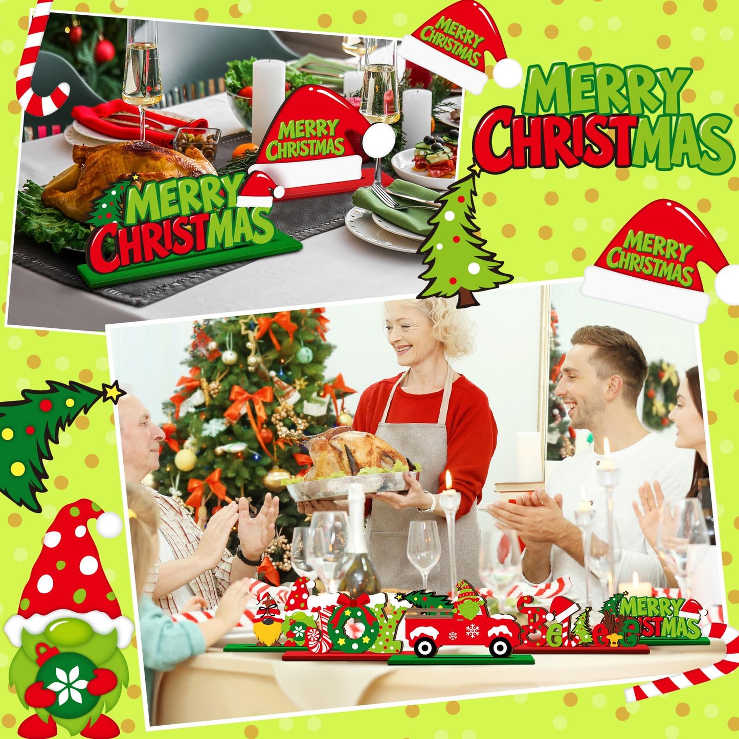Realspring 6 Pcs Christmas Table Decorations Merry Christmas Wooden Centerpieces Table Decor Joy Wood Gingerbread Gnome Tabletop Xmas Tree Standing Signs for Home Winter Xmas Theme Party Supplies