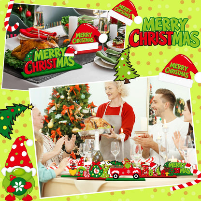 Realspring 6 Pcs Christmas Table Decorations Merry Christmas Wooden Centerpieces Table Decor Joy Wood Gingerbread Gnome Tabletop Xmas Tree Standing Signs for Home Winter Xmas Theme Party Supplies