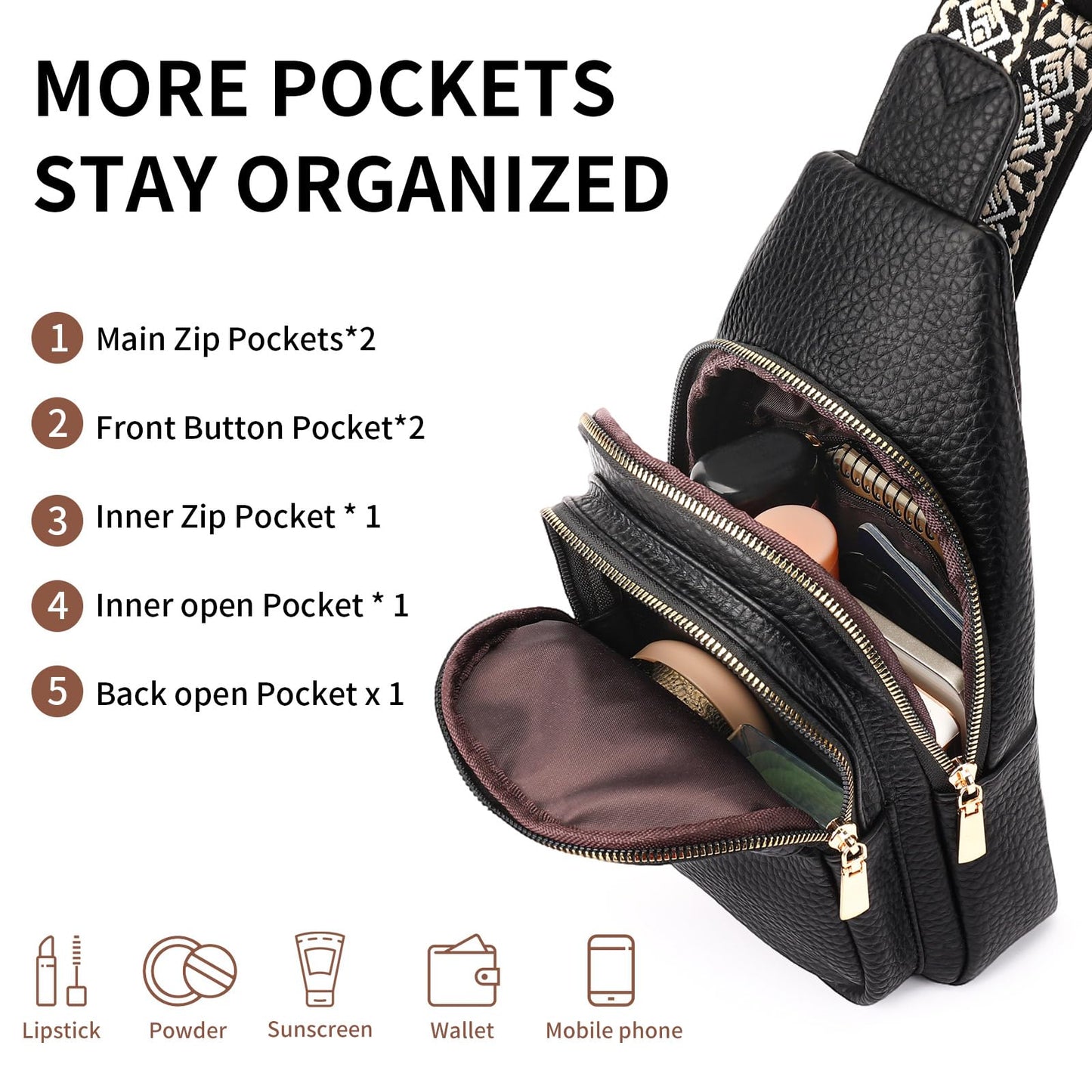 FALAN MULE Small Crossbody Sling Bags Fanny Packs Leather Purses Chest Bag for Women (Black)