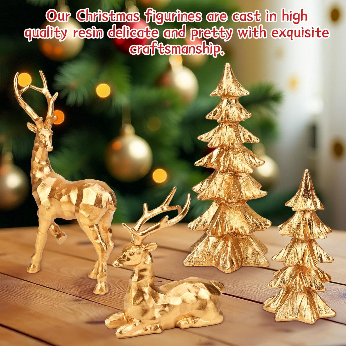 DARCKLE 4-Piece Gold Christmas Tree Figurines and Resin Elk Sculpture Small Resin Christmas Trees,Tabletop Tree Artificial Animal Crafts for Indoor Home Decor,Tabletop Mantle Cabinet Desktop Offic