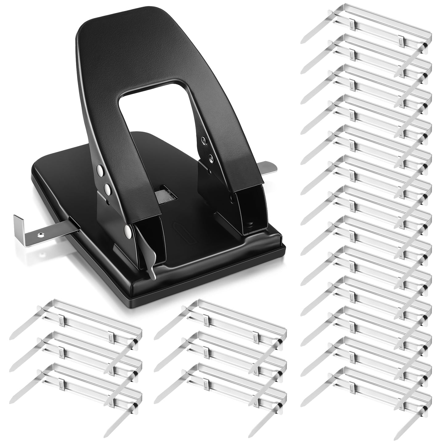 Dreyoo Heavy Duty 2 Hole Punch with 50pcs Paper Fasteners, Paper Two Hole Puncher and Metal Prong Fasteners Combo Set for File Folder, Padded Handle, 30 Sheet Capacity (Compressor)