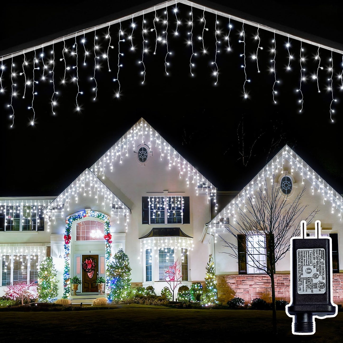 BYIZO Christmas Outdoor Icicle Lights - 200 LED 21+16 FT 8 Modes Curtain Fairy String Light Plug in, Waterproof for Eaves Yard Holiday Xmas Holiday Indoor Outdoor Decoration - White