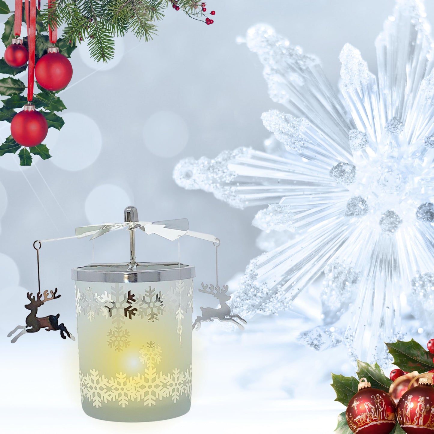 Reindeer Decor - Candle Spinner - Dangling Reindeer Spin Around Snowflake Candleholder - Spinner Turns from The Heat of The Candle - 5.5" H x 4.5" W