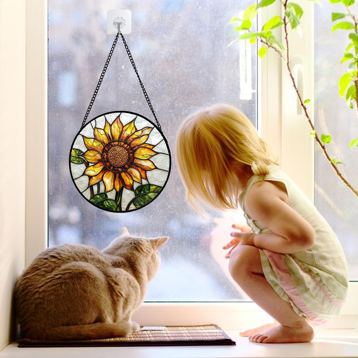 DASTOLL Stained Glass Window Hanging - Sunflower Flower Suncatcher Ready to Hang Window Doors Home Decoration and Christmas, Mother's Day Birthday Gifts for Women, Men, and Mom 6.3x6.3 in