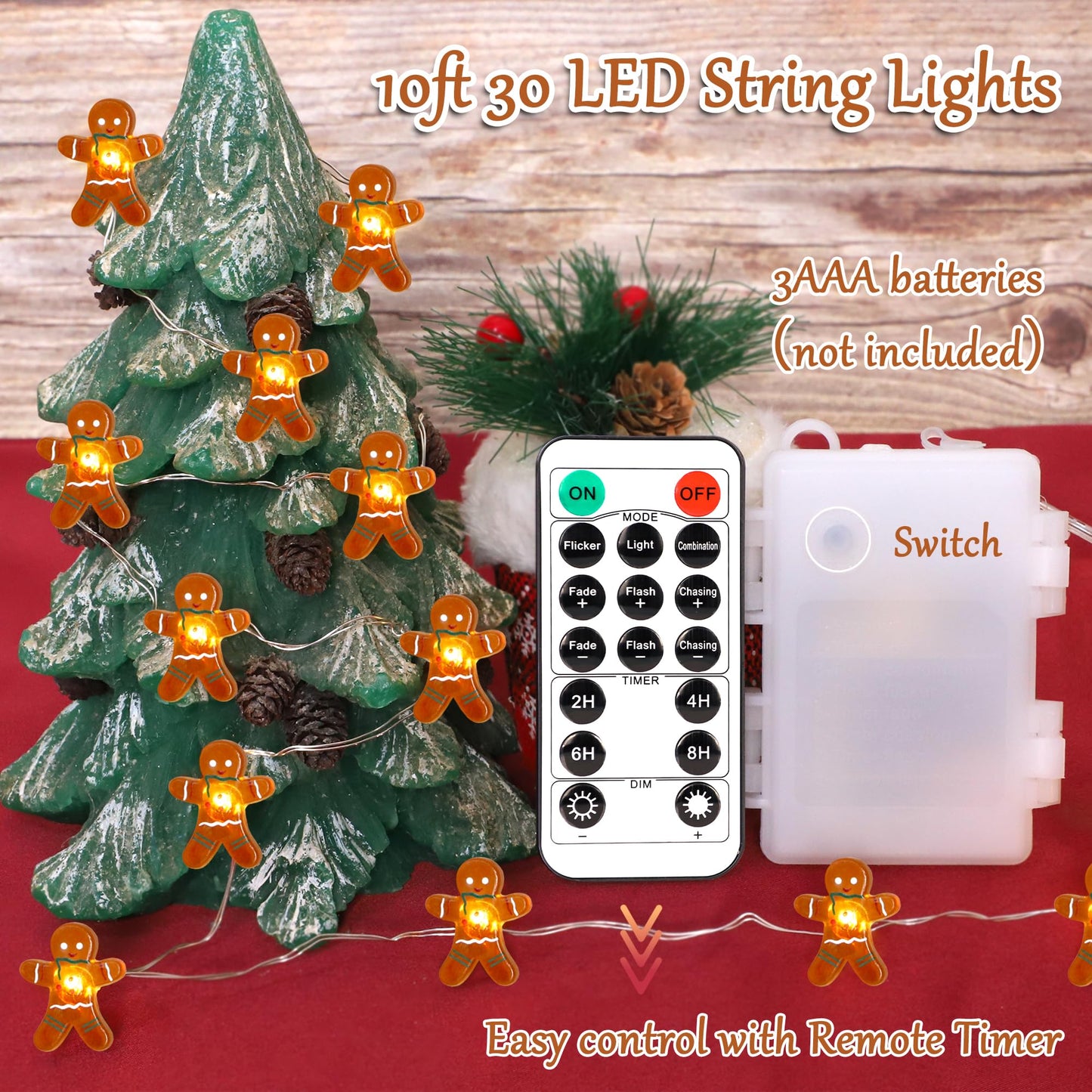 Impress Life Festive Decoration String Lights, Gingerbread Man Cookies 10 ft 40 LEDs with Battery/USB Powered Dimmable Fairy Lights with Remote for House Bedroom Decorative, Wedding Home