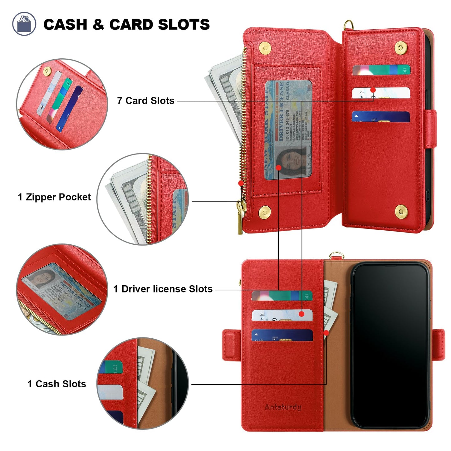 Antsturdy Compatible with iPhone 17 Wallet Case Women,RFID Blocking PU Leather Phone Case Men Kickstand Flip Folio Cover Wrist Strap Zipper Credit Card Holder Slots for Apple 17 6.3",Red