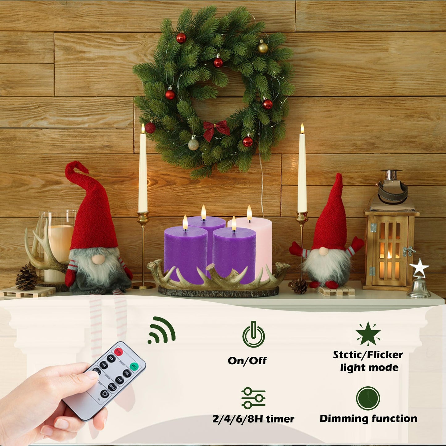 AFINETH Flamelss Advent Candles, Battery Operated Wax Pillar Candles with Remote, Flat Top Flickering Flameless Candles, LED Candles for for Christmas, Catholic, Advent, Wreath, Purple and Pink