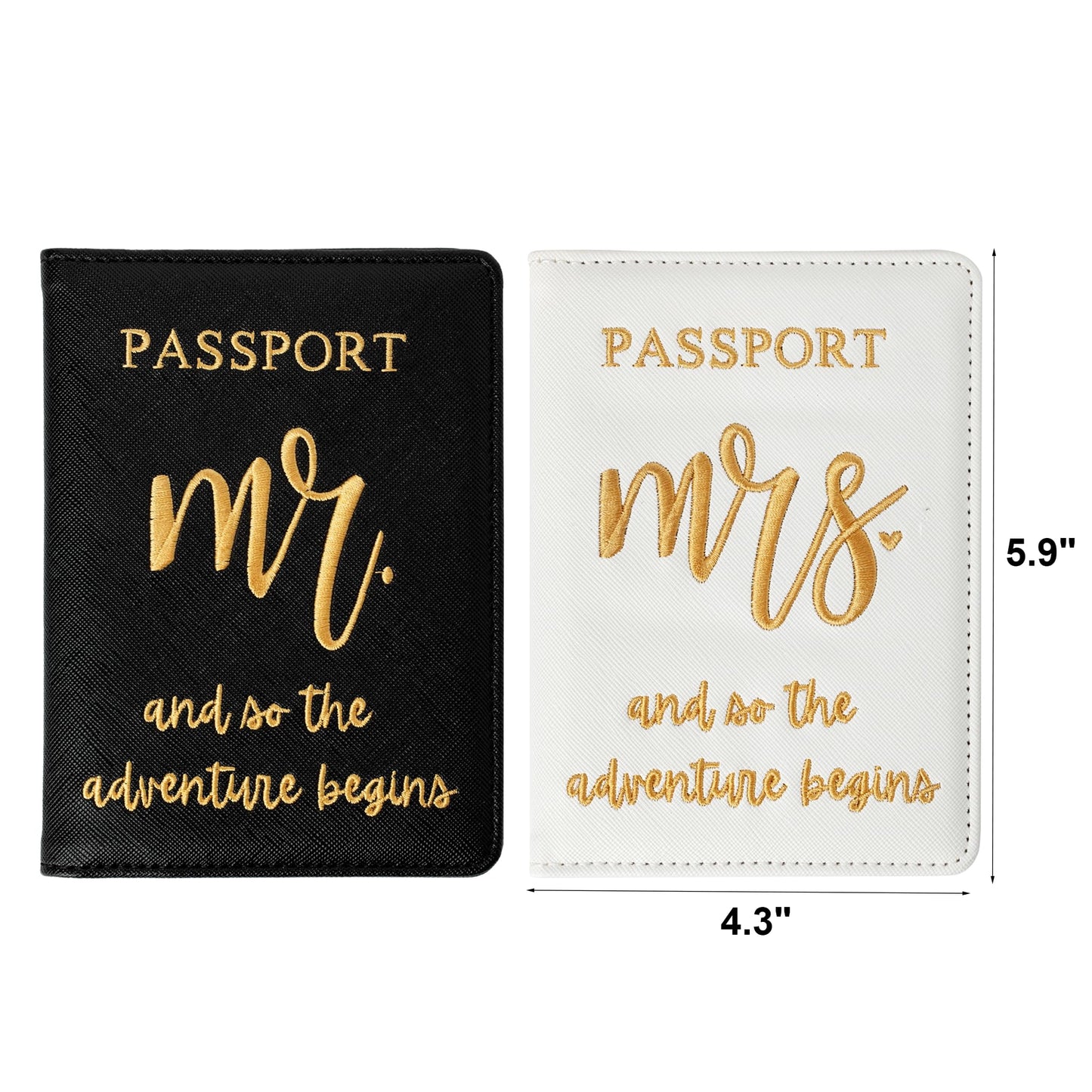Passport Holder Set for Couples, Mr and Mrs Embroidered Passport Covers, PU Leather Travel Accessory, Wedding and Honeymoon Gift (Embroidered Black White Gold)