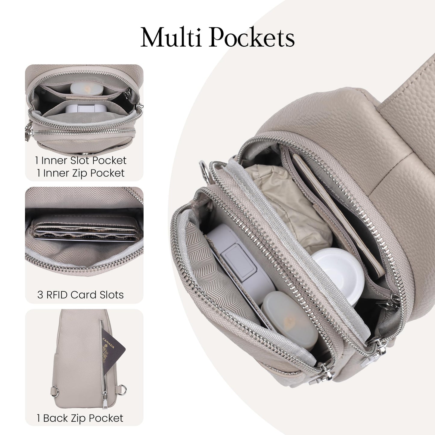 befen Soft Real Leather Small Sling Bag for Women Anti Theft Crossbody Bags Fanny Packs Travel Purses with RFID Blocking Card Slots Beige Grey