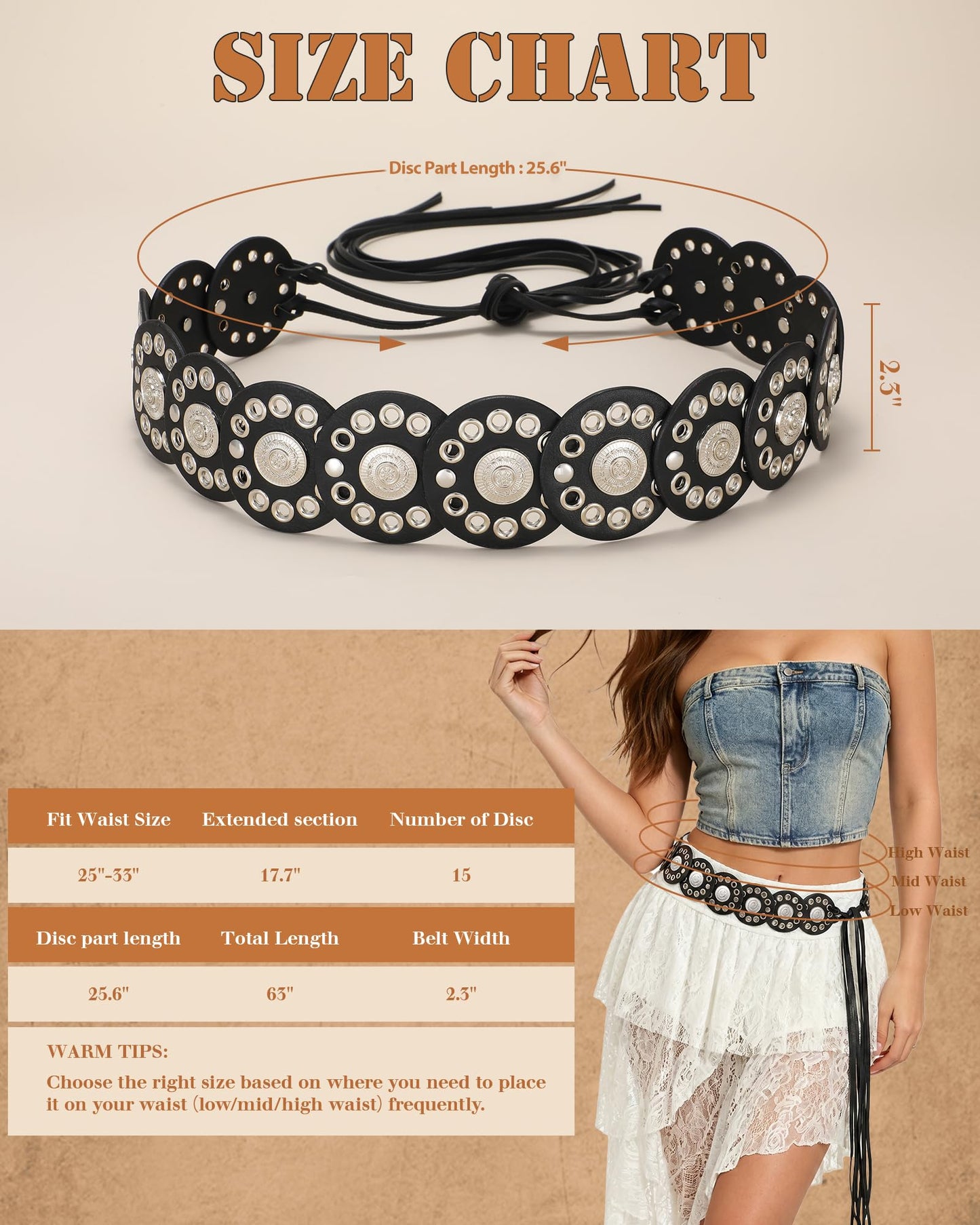 VONMELLI Women's Red Western Belts Wide Disc Concho Belt Cowgirl Boho Country Leather Belt for Dress Jeans Skirt, M