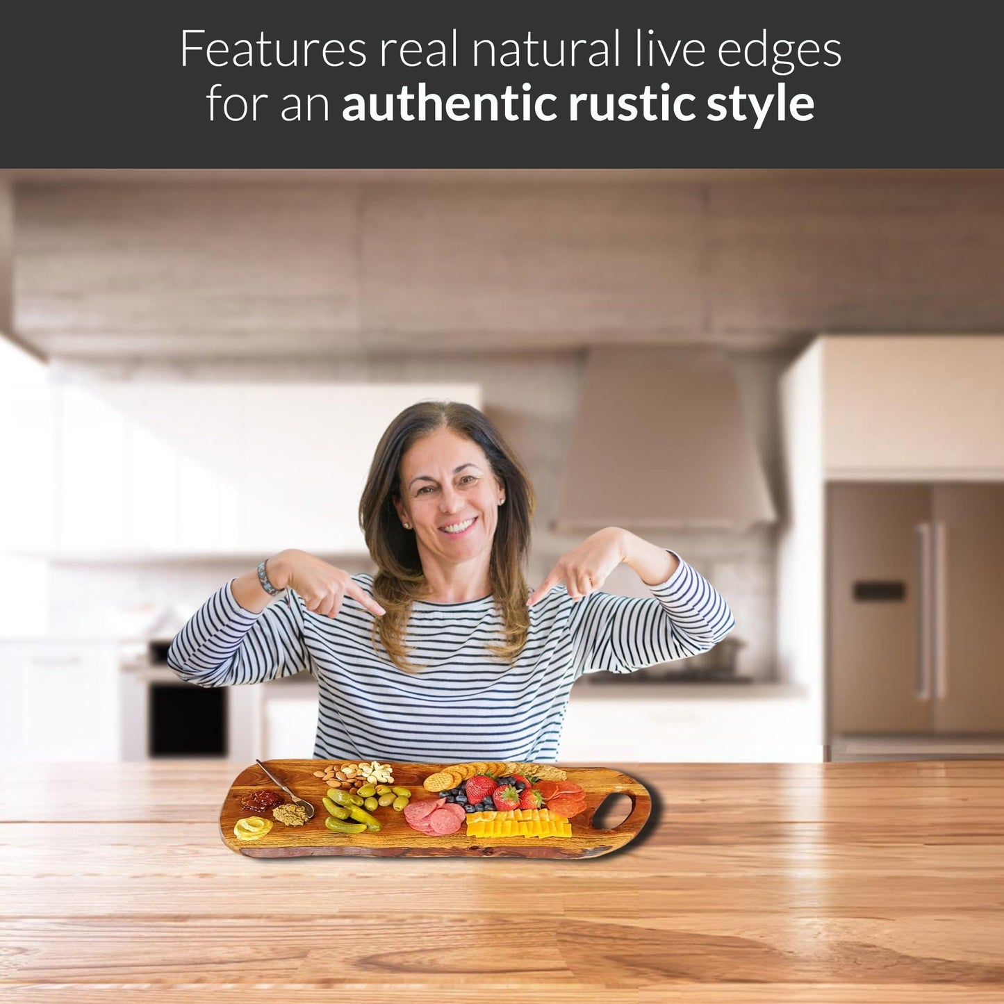 Acacia Charcuterie Board with Natural Live Edge & Round Handle - Wood Cheese Board - Decorative Wooden Serving & Cutting Board - Housewarming, Mothers Day, New Home & Wedding Gifts (XL - 24” x 10”)
