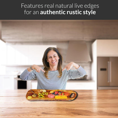 Acacia Charcuterie Board with Natural Live Edge & Round Handle - Wood Cheese Board - Decorative Wooden Serving & Cutting Board - Housewarming, Mothers Day, New Home & Wedding Gifts (XL - 24” x 10”)