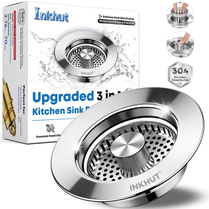 Upgraded 3 in 1 Kitchen Sink Drain Strainer - Stainless Steel Sink Stopper, Anti-Clogging Food Catcher Basket, Sink Bounce Core Drain Strainer Plug for US Standard 3 1/2 inch Drain (Mirror Silver)