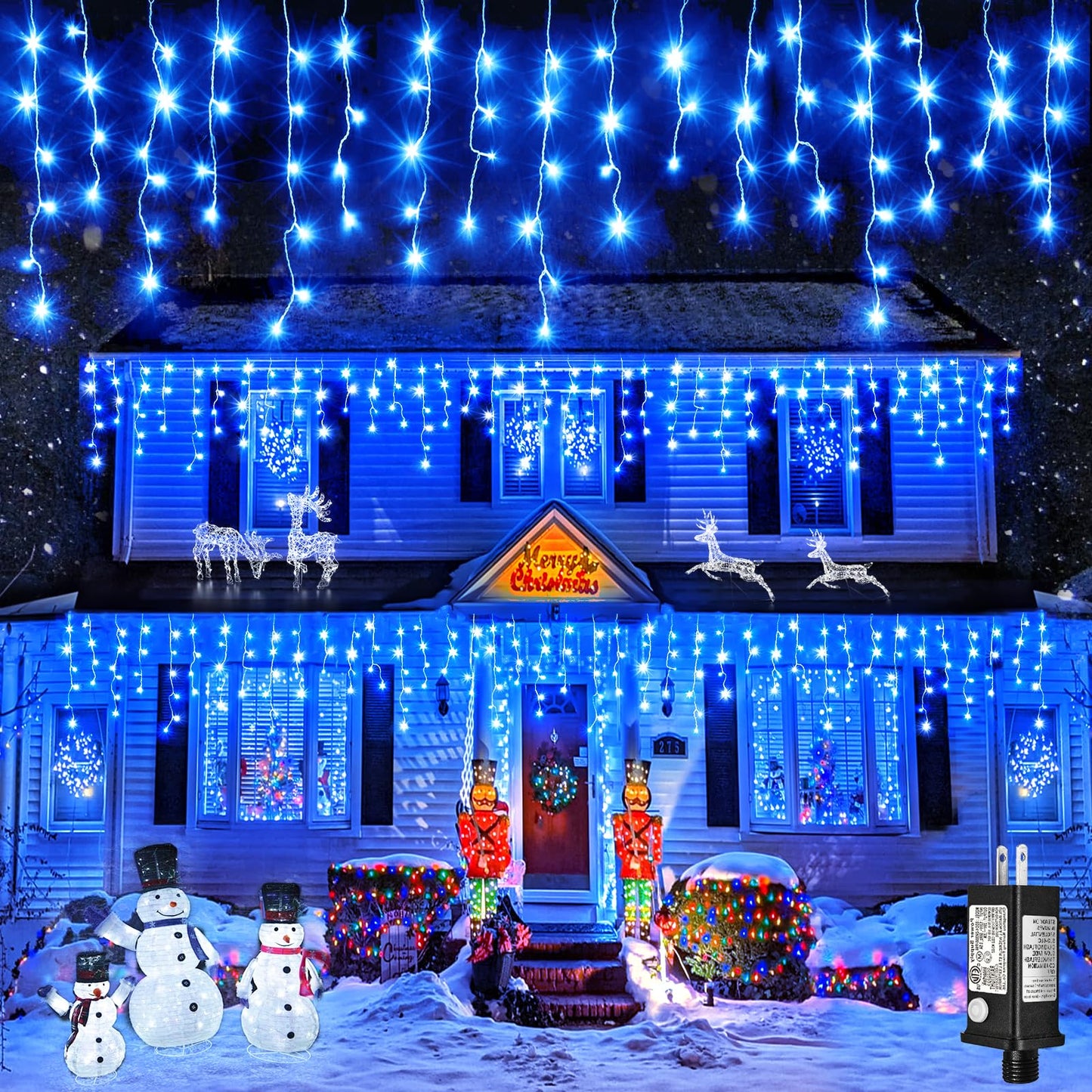Einiiya Icicle Christmas Lights Outdoor, 33 FT 400 LED Icicle Lights for Outside 8 Modes with 75 Drops, Plug in Waterproof Hanging Christmas Light for Holiday Pavilion Balcony Decorations, Blue