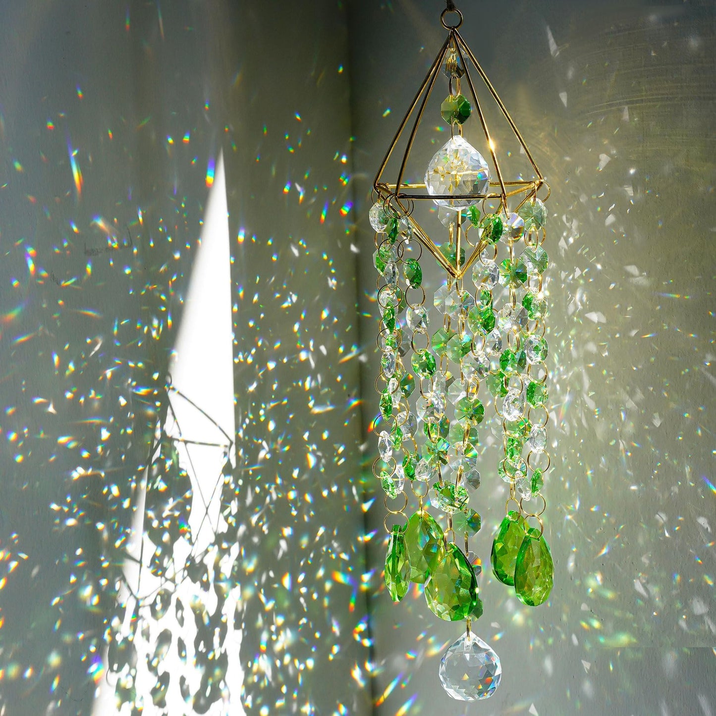HDCRYSTALGIFTS Crystal Suncatcher Glass Wind Chimes Style Sun Catchers Indoor Window Rainbow Prisms Suncatcher for Window Hanging Home Garden Decor (21.5inch,Green)