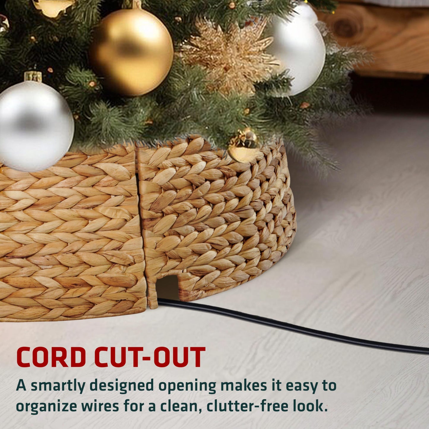 MIXUMON Handmade Water Hyacinth Christmas Tree Collar 24" – Rustic Basketweave Tree Base Cover, Eco-Friendly Skirt Alternative with Cord Cut-Out (Natural)