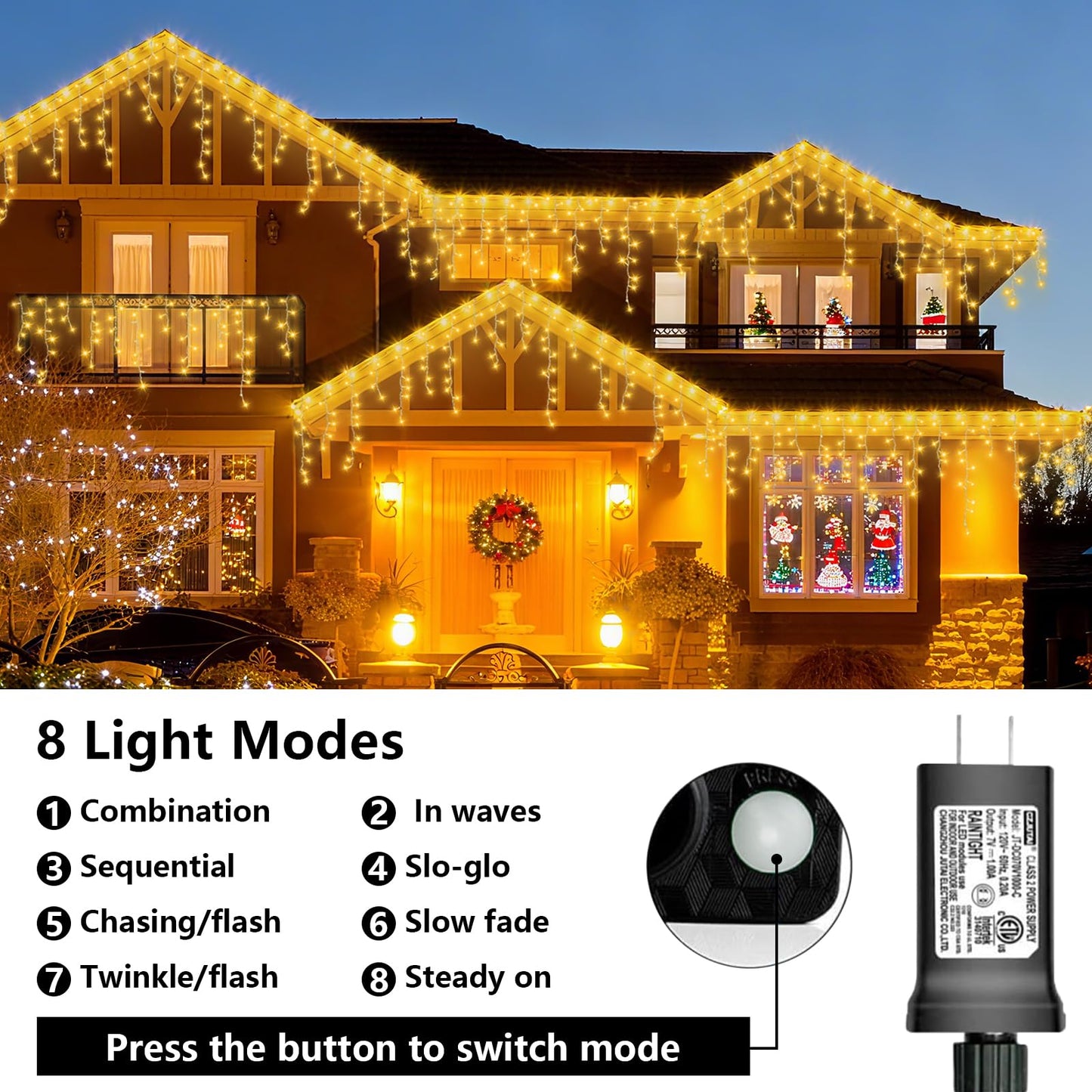QITONG Warm White Icicle Lights for Outside, 33ft 400 LED String Lights Indoor with 8 Modes, Clear Wire Connectable Icicle Christmas Light Plug in