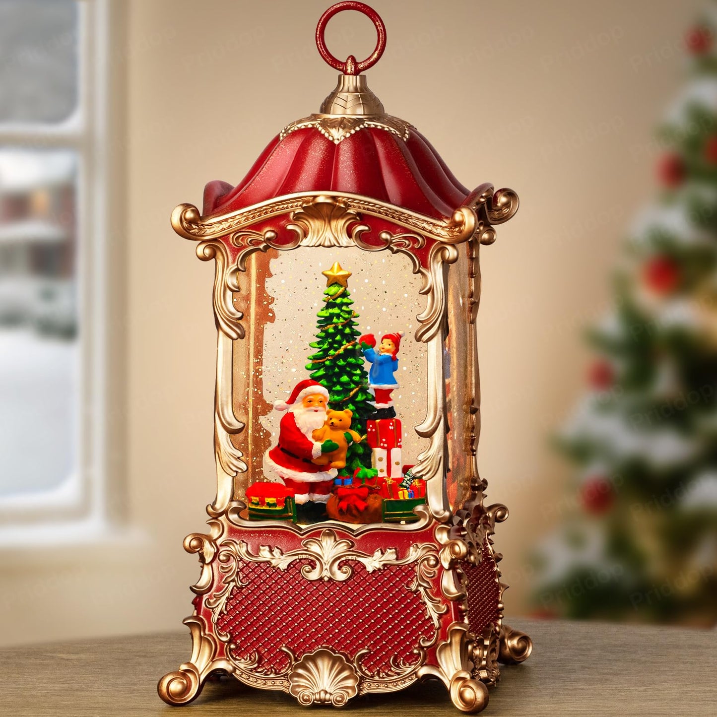 Priddop Santa Snow Globe Christmas Decorations Indoor Christmas Tree Gifts for Child Classic Relief Texture Musical Glitter Snowfall USB/Battery Timer Lantern 12.5 inch