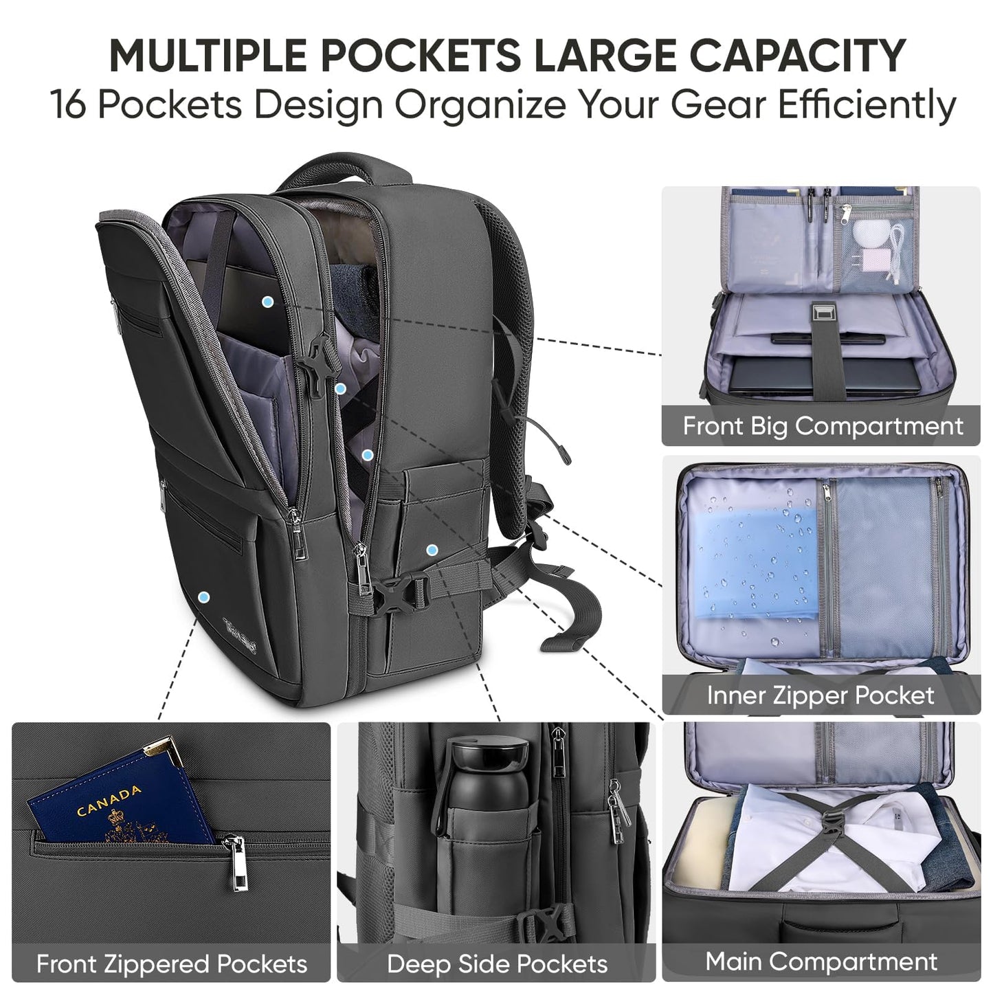 BALEINE Travel Backpack for Women Men, Large Sturdy Carry On Laptop Backpack Gifts for Business, Casual, Weekender, Hiking (Large, Black)