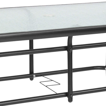 Flash Furniture Tory 31.5" x 55" Rectangular Tempered Glass Metal Patio Table with Umbrella Hole, Modern Rippled Glass Outdoor Dining Table, Black