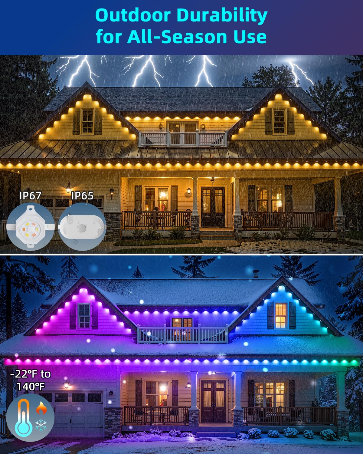 REYLAX Permanent Outdoor Lights Pro, 150ft with 108 Triple-LED 135lm, RGB+IC Smart Eaves Christmas Lights for House, IP67 Waterproof, Multi Scenes for Outdoor Decor, Works with Alexa, Google, Remote
