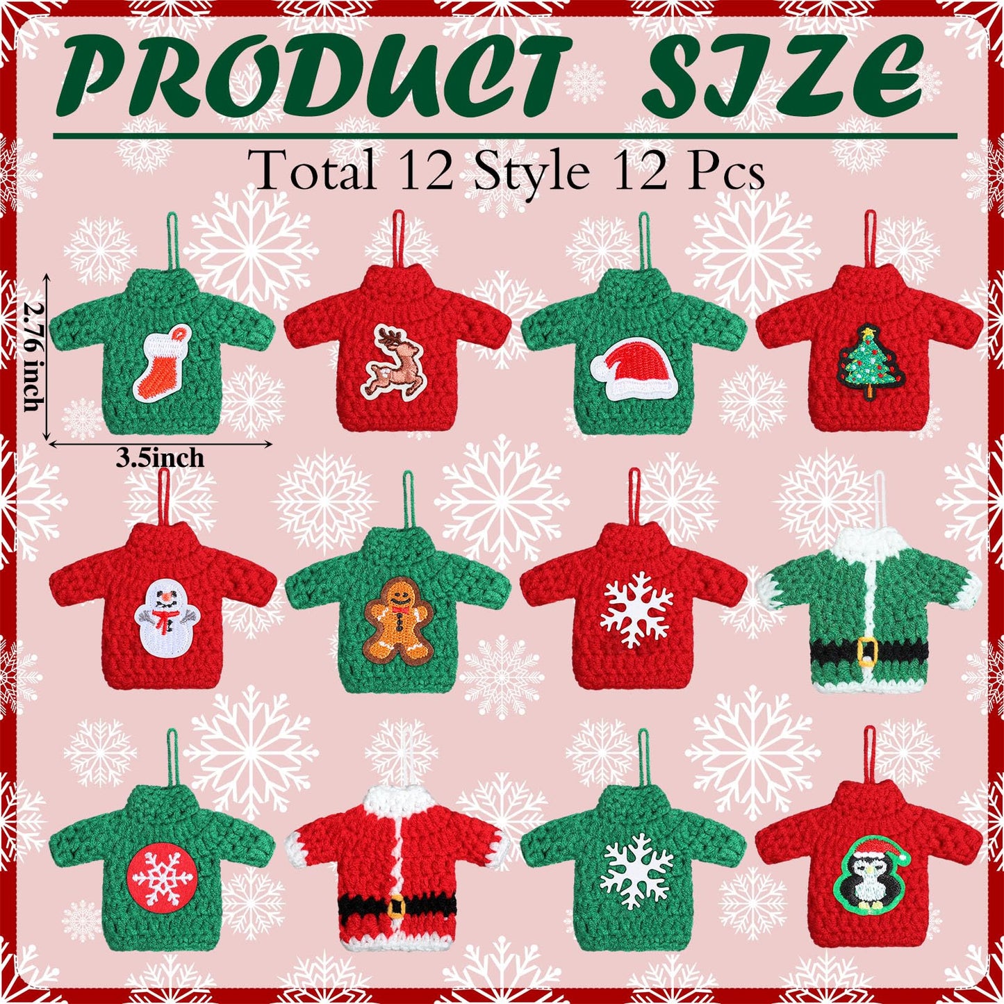12 Pcs Handcrafted Crochet Ugly Sweater Ornament Christmas Red and Green Ugly Sweater Decorations for Christmas Tree Snowflake Gingerbread Reindeer Santa Hanging Decor for Xmas Winter Party Favors