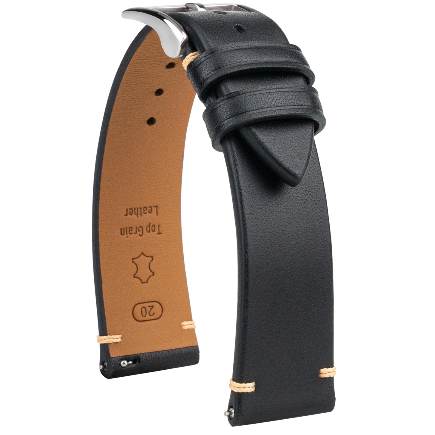 Gomvadr Handmade Slim Vintage Top Grain Leather Watch Strap, Quick Release, 18 mm/19 mm/20 mm/21 mm/22 mm, Silver/Black Buckle, Tan/Brown/Blue/Black/Coffee, Unisex for Men Women (Black with Silver Buckle, 20mm)