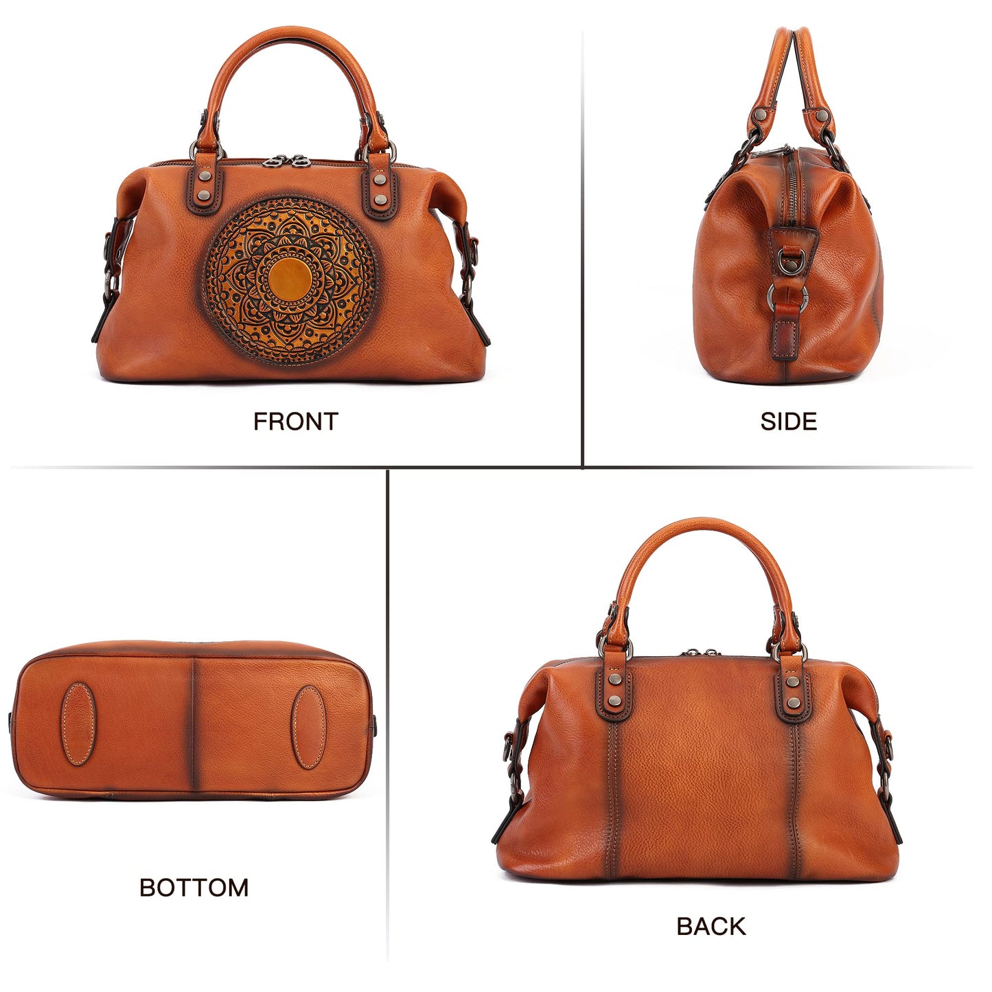 Genuine Leather Women's Handbags Travel Small Purses Top Handle Barrel Satchel Shoulder Hand Bags leather crossbody bags for Women Retro Totem Tote Bag Brown