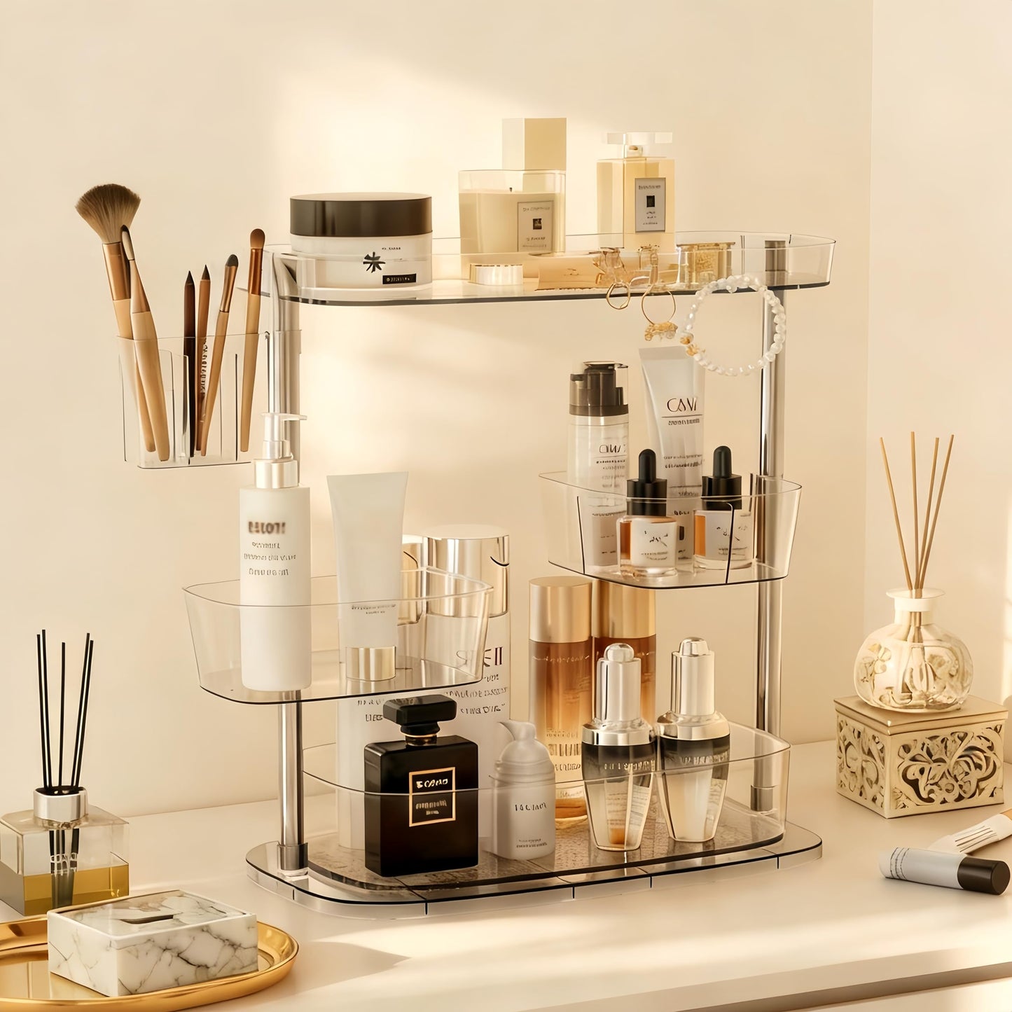 YOSHIONAL Rotating Makeup Vanity Organizer, Bathroom Countertop Cosmetic Skin Care Storage,Cosmetic Display Case with Brush Holder,for Skincare Perfume Cosmetics,Detachable Hanging Trays & Hooks
